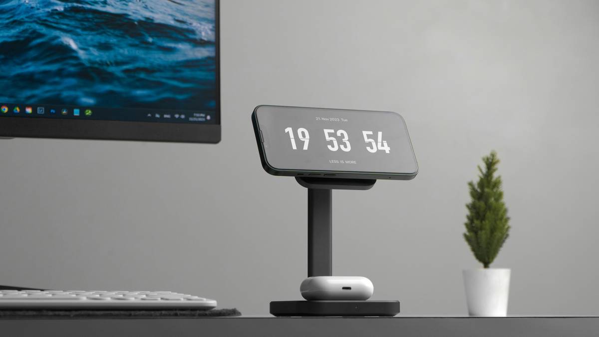 Sleek modern smart clock display on minimalist nightstand with ambient lighting